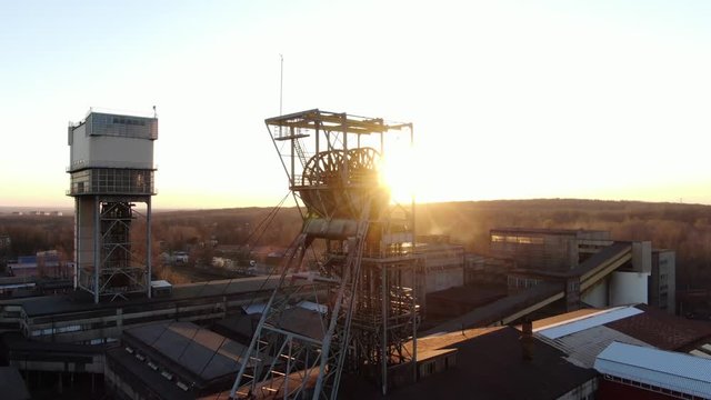 Mining shaft, elevator, 
coalmine, sunset, dron