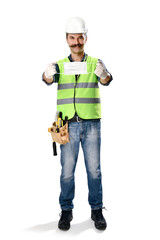 Manual worker wearing protective face mask and gloves to avoid Coronavirus epidemic isolate on white background.  