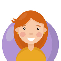 Red-haired happy girl with bangs in a flat style smiles a snow-white smile. Vector illustration