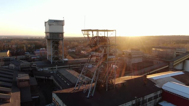 Mining shaft, elevator, 
coalmine, sunset, dron
