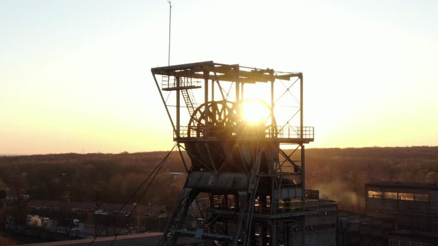 Mining shaft, elevator, 
coalmine, sunset, dron