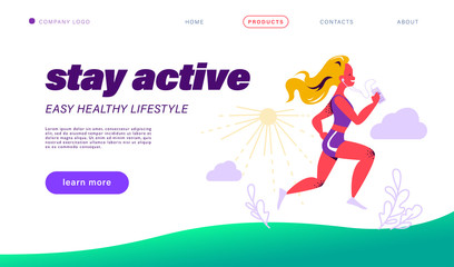 Landing page design template. Healthy lifestyle concept with woman in sport outfit hold smartphone with fitness app interface and earphones running on nature. Vector flat illustration.