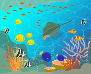 Fototapeta na wymiar Multicolor underwater illustration with fish, corals and ramp.Vector illustration on flat style.