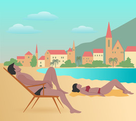 Man and woman are resting in on the shore of the bay against the background of the old city. Vector multicolored illustration. © Nataliia