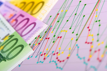 chart of stock market and banknotes of european currency Euro