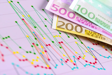 chart of stock market and banknotes of european currency Euro