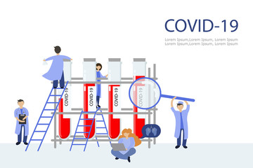 Doctors and scientists looking for a pandemic vaccine. Infectious blood in test tubes for analysis and experiments. The concept of the study of world virosom infection COVID-19