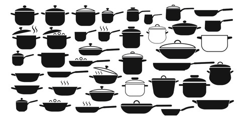 Vector set of kitchen utensils icons. Collection pots and pans with lids. - obrazy, fototapety, plakaty
