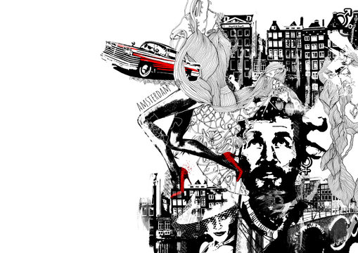 noir grunge illustration of the men thoughts about life retro cars and love unknown woman and long sexy legs in the red heels
