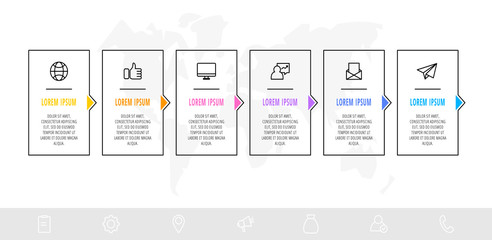 Timeline creative design linear infographics template. Business vector illustration with 6 options, arrows. Can be used for process banner, diagram, app, info graph, workflow layout, presentation