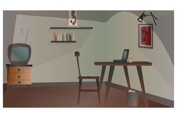 interior room. table chair. laptop, tv.