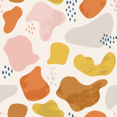 Abstract pattern with hand drawn abstract shapes, dots, blobs. Tropical summer, trendy, scandinavian kids fabric, wrapping texture, textile, wallpaper, poster, apparel. 