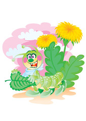 cute funny caterpillar on a background of dandelion flowers, vector illustration,
