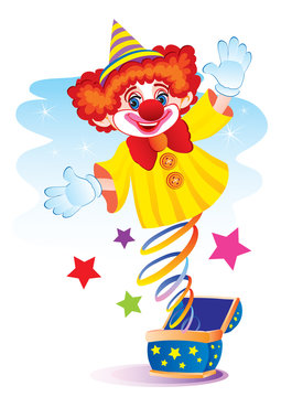 toy clown jumps out of the box on a spring with a surprise, isolated object on a white background, vector illustration,