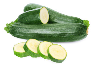 fresh green zucchini slices isolated on white background