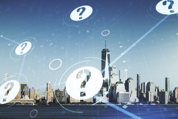 Abstract virtual question mark hologram on New York cityscape background, future technology concept. Multi exposure