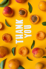  apricots and leaves with paper words. Thank you on orange paper