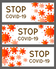 Set of horizontal panoramic banners with red coronavirus isolated on white background - concept of covid-19 pandemic