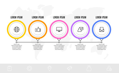 Business diagram with 5 circular elements with arrows. Vector flat concept of five business options to choose from. Infographics modern design for flowchart, timeline, web, graph, presentation