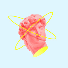 Pink statue head with yellow orbits around it. Negative space to insert your text. Modern design. Contemporary colorful and conceptual bright art collage with statue's head, historical.
