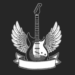 Vector rock guitar with wings. Print for poster, tattoo, tee shirt. Online musical education. Internet guitar lessons.