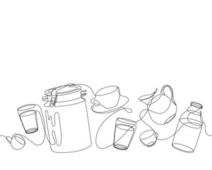 Milk can, jug, glass and bottle. Kitchen pattern. Cooking. One line drawing.