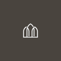 white sign on a black background. simple vector line art outline iconic sign of three gothic pointed arches or windows