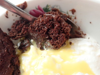chocolate crumble dessert with cream