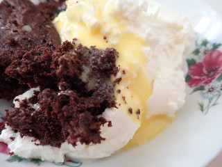 chocolate crumble dessert with cream