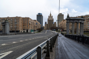 Fototapeta premium Moscow, Russia, April 5, 2020 - Arbat district, center of Moscow. Moscow isolated due to coronavirus.Without people