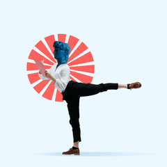 Fit female boy, ballerina headed by blue statue and red circle. Negative space to insert your text. Modern design. Contemporary colorful and conceptual bright art collage with statue's head