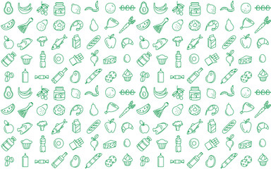 Seamless pattern supermarket grosery store food, drinks, vegetables, fruits, seafood, meat, dairy, sweets