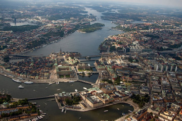 Fototapeta premium Stockholm city center and old district from a helicopter window