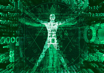Vitruvian man in explosion of destroyed computer data.
Futuristic green Illustration of vitruvian man with destroyed binary codes symbolized digital age.