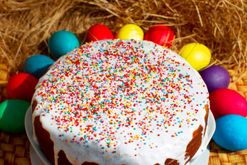 Easter cupcake or Russian Easter cake with beautiful colored decorative topping, Easter still life. Colored eggs. - 336674117