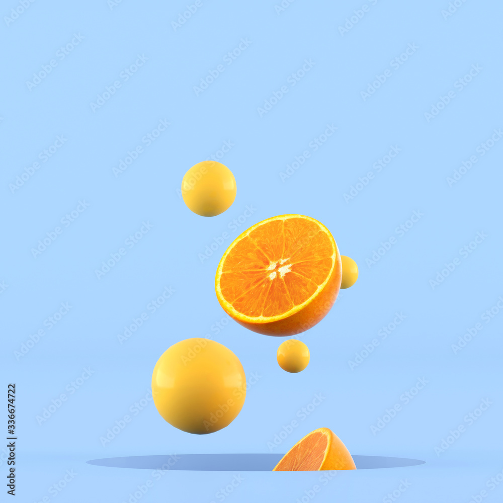 Poster Minimal conceptual idea of sliced oranges and small yellow sphere floating out from hole on blue background. 3D rendering.