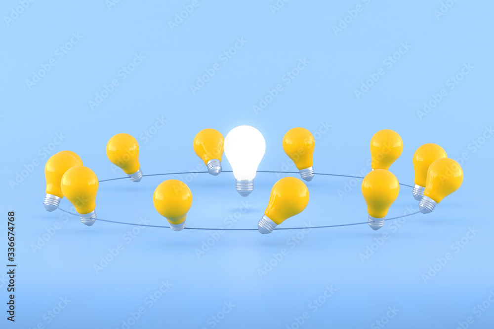 Poster Minimal conceptual idea of light bulb surround with yellow bulbs on blue background. 3D rendering.