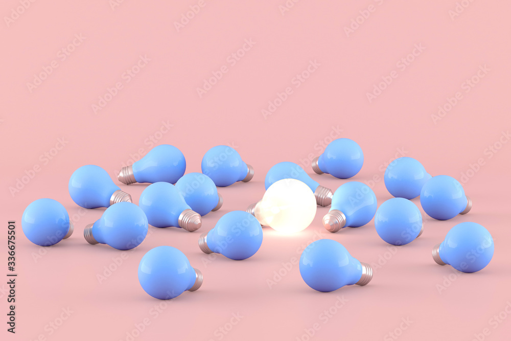 Poster minimal conceptual idea of light bulb floating around the blue bulbs on pink background. 3d renderin