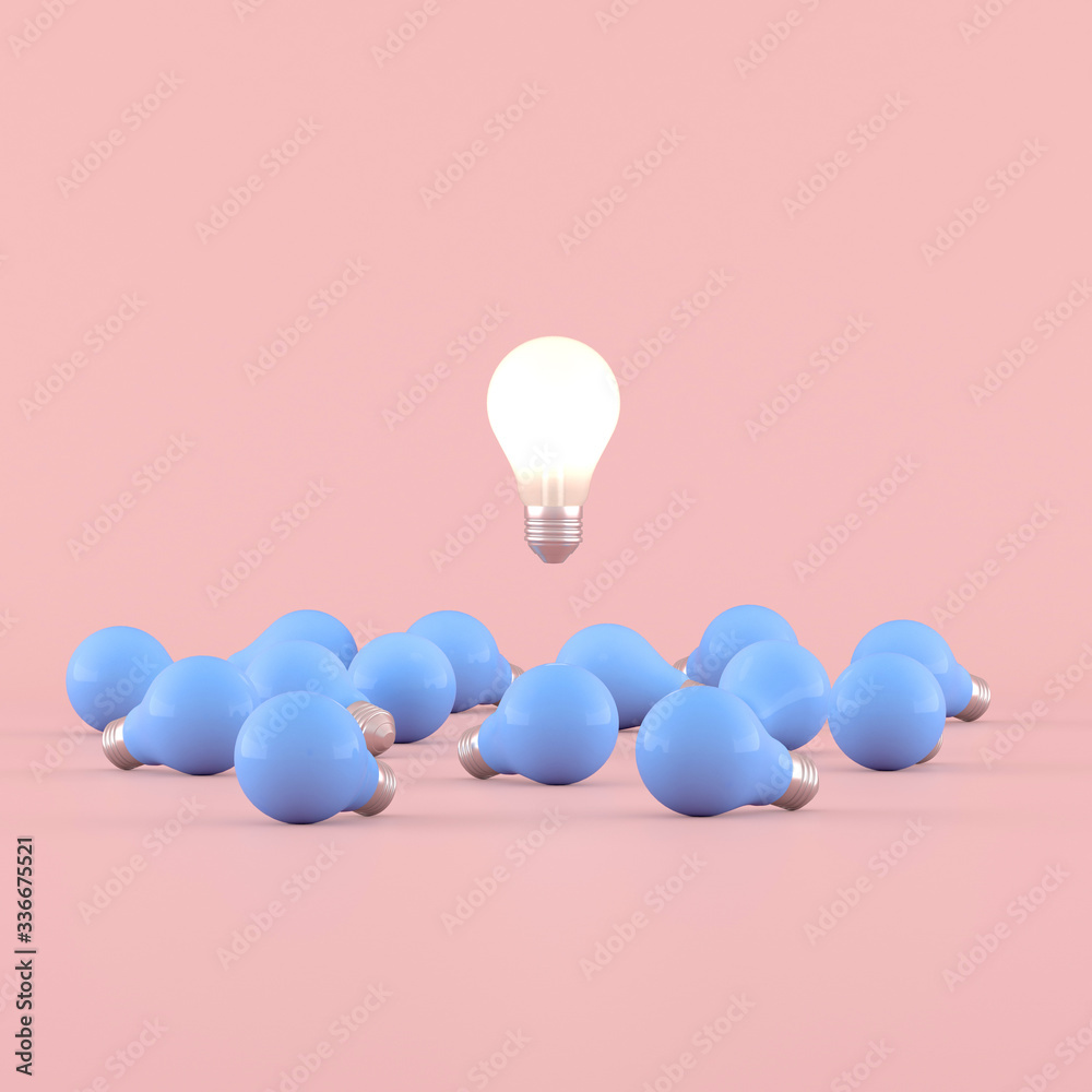 Poster Minimal conceptual idea of light bulb floating around the blue bulbs on pink background. 3D rendering.