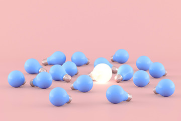 Minimal conceptual idea of light bulb floating around the blue bulbs on pink background. 3D rendering.