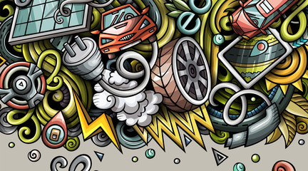 Obraz premium Electric cars hand drawn doodle banner. Cartoon detailed flyer.