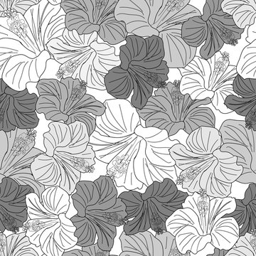 seamless pattern of hibiscus flowers in gray and white shades