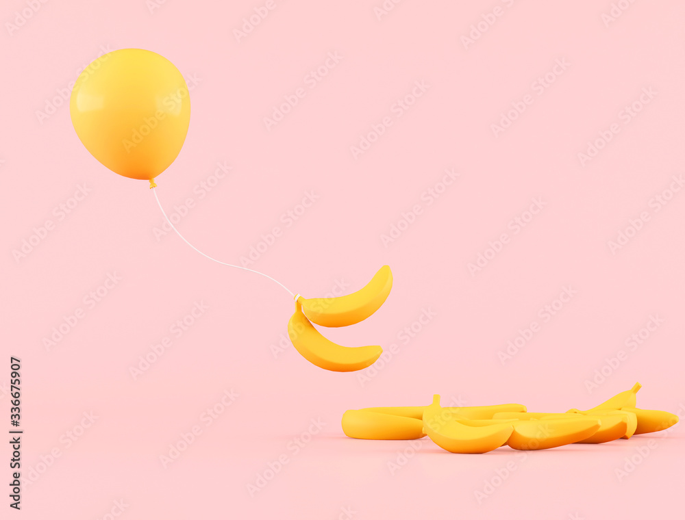 Poster Minimal conceptual idea of yellow  floating balloon with bananas on pink background. 3D rendering.