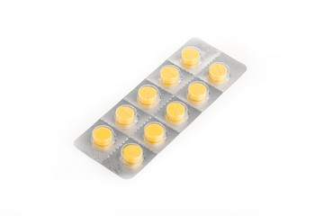Pack of pills  isolated on white background close up.