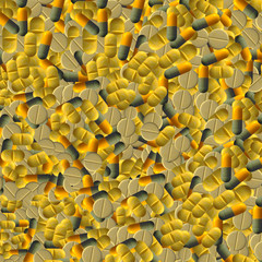 Many pill, tablets, and capsules in background, 3D graphic background for medical consept.