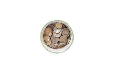 Turkish New lira (TRY) coins in a jar isolated on white background