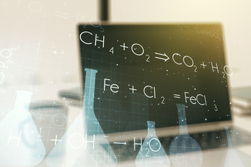Creative chemistry illustration on modern computer background, science and research concept....