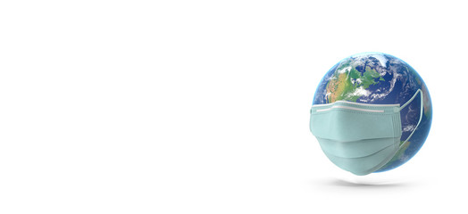 Save the world, world sickness epidemic crisis COVID Corona virus, planet globe wearing surgical face mask. isolated on a white background copy space.