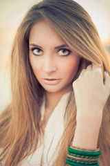 Naklejka premium young pretty women smoothing hair