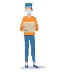 Delivering during a pandemic of coronavirus. A young delivery man in mask is standing with a box. Vector illustration.
